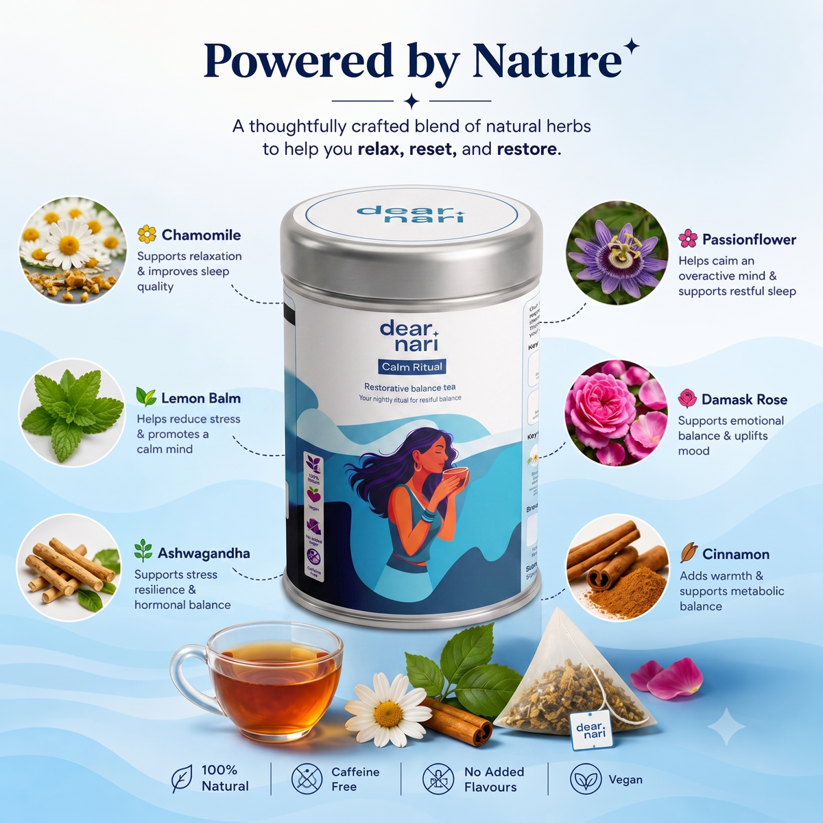 Dear Nari Calm Ritual – Restorative Sleep & Stress Relief Tea for Women | 30 Tea Bags