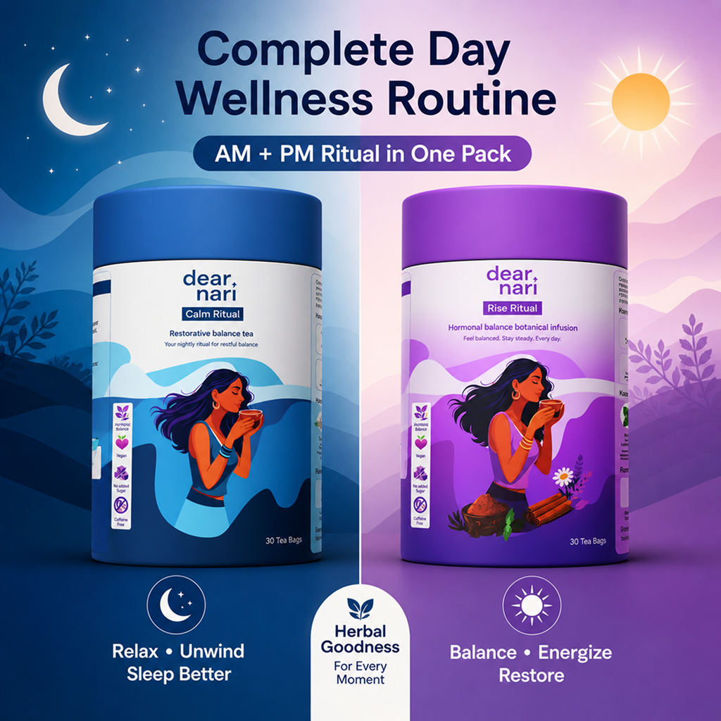 Dear Nari Morning & Night Ritual Combo – Hormonal Balance + Sleep & Stress Relief Tea for Women | 60 Tea Bags