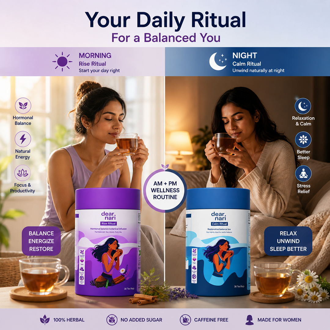 Dear Nari Morning & Night Ritual Combo – Hormonal Balance + Sleep & Stress Relief Tea for Women | 60 Tea Bags